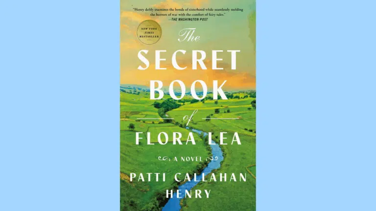Shows the cover of the book The Secret Book of Flora Lea, which features a green pastoral landscape