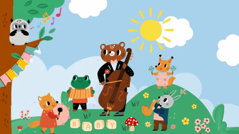 Cartoon animals playing instruments in a sunny green field