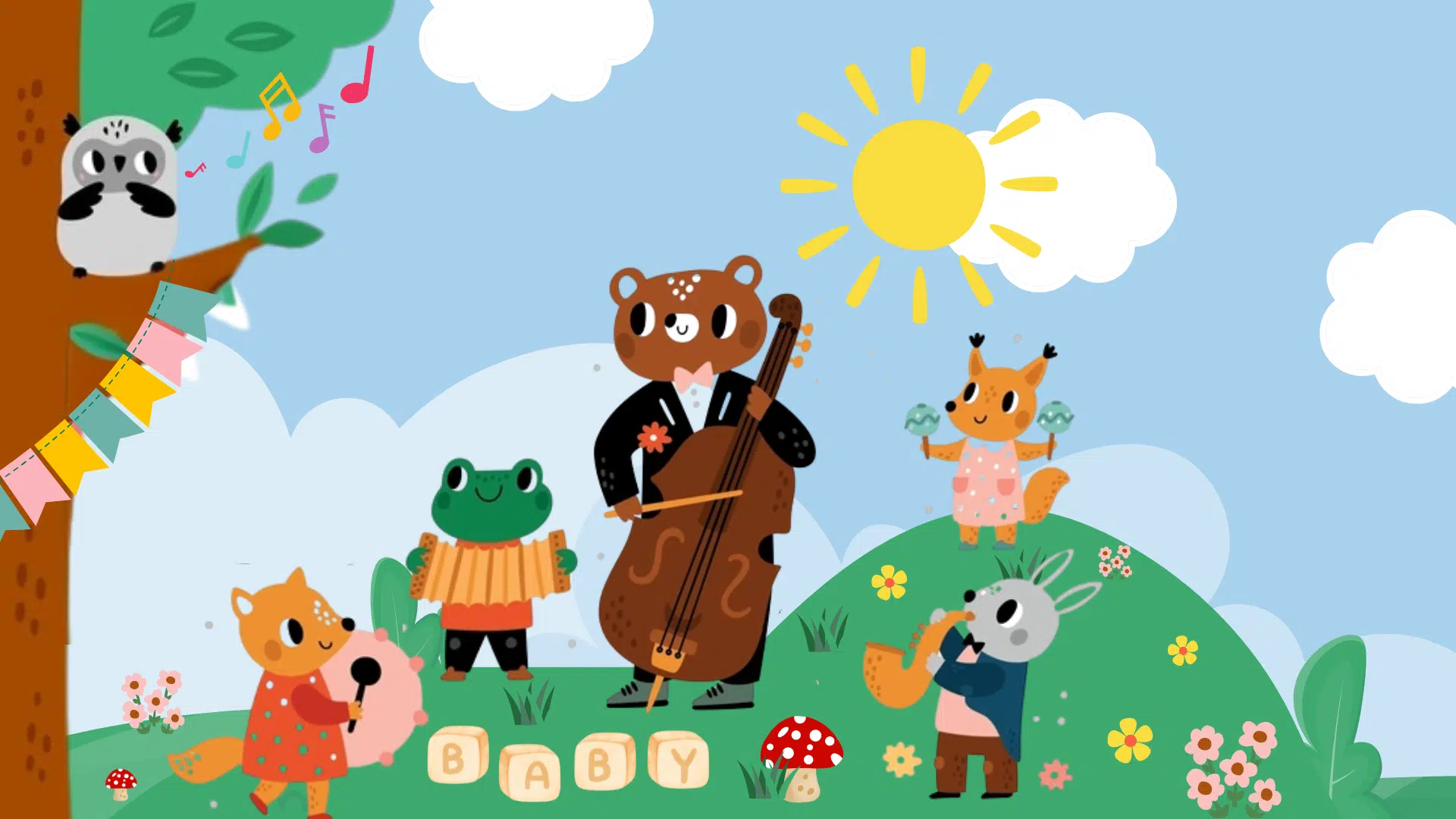 Cartoon animals playing instruments in a sunny green field