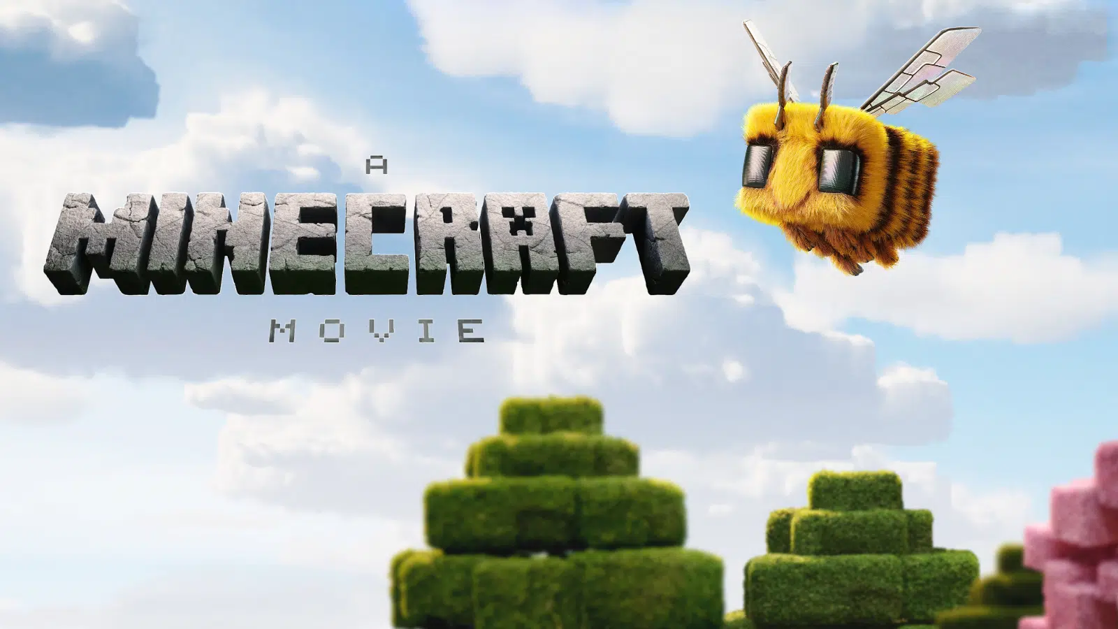 A blocky Minecraft landscape, complete with cube-shaped bee
