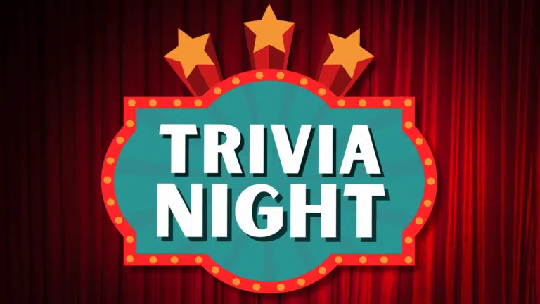 A red velvet curtain behind an illustration of a lighted sign that reads "Trivia Night"