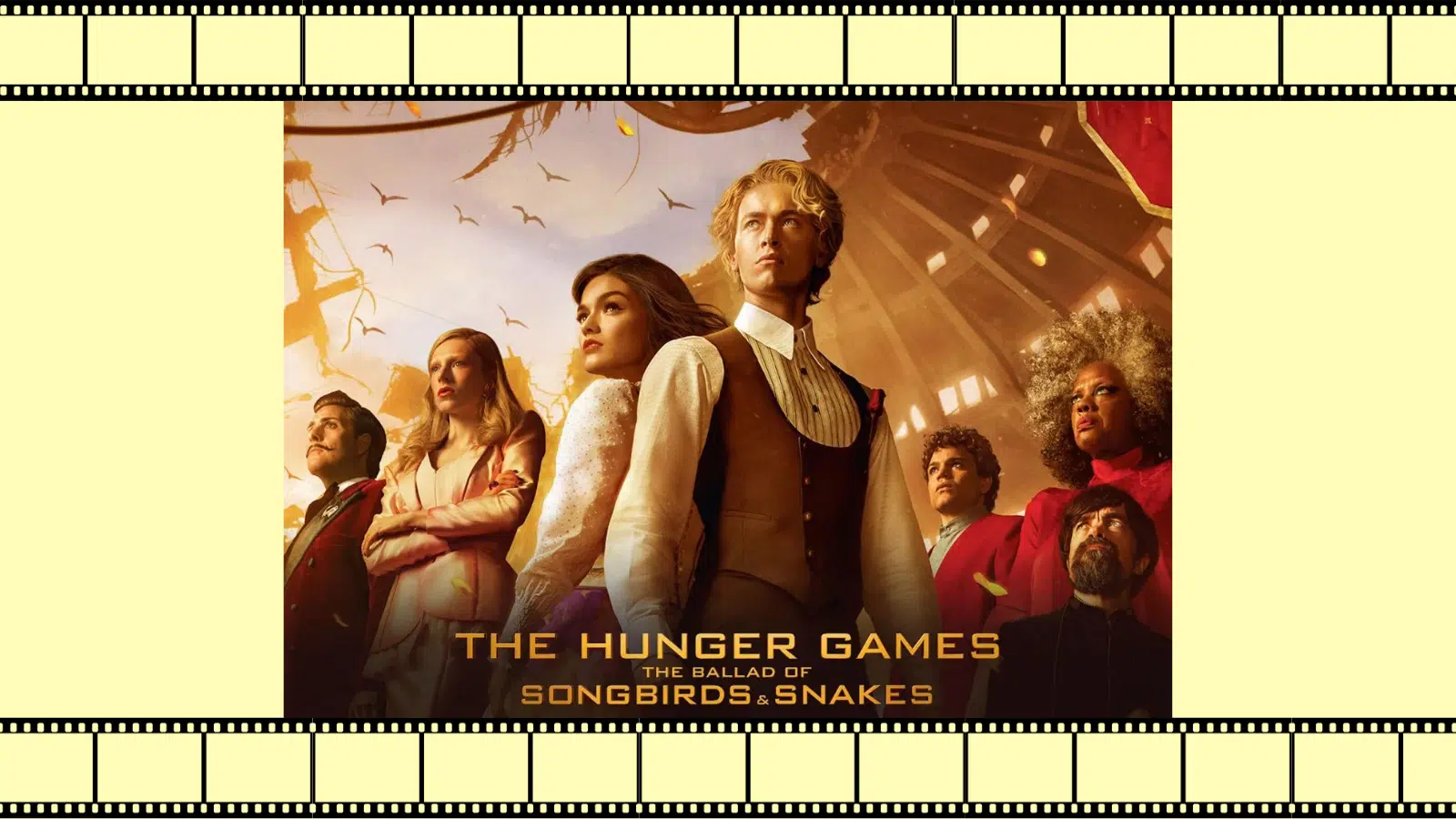 Movie poster for the movie The Ballad of Songbirds and Snakes, showing characters from The Hunger Games cinematic universe