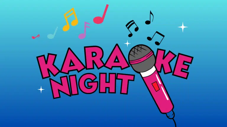 A microphone forms the letter O in the words KARAOKE NIGHT