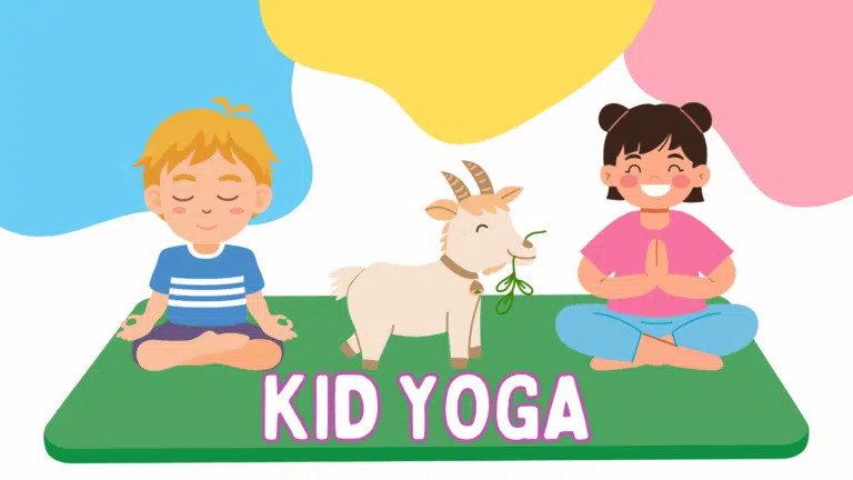 Two children are shown in seated yoga poses with a baby goat chewing on some grass
