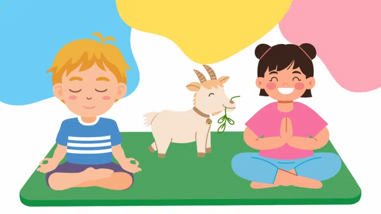 Cartoon of two children in yoga poses with a cute goat in the background
