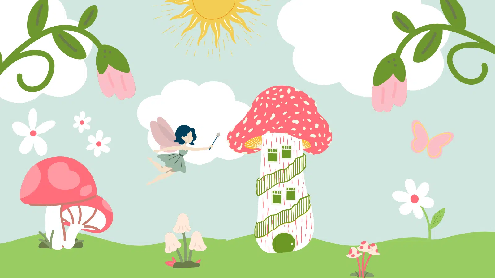 Illustration of a fairy land with houses made out of mushrooms