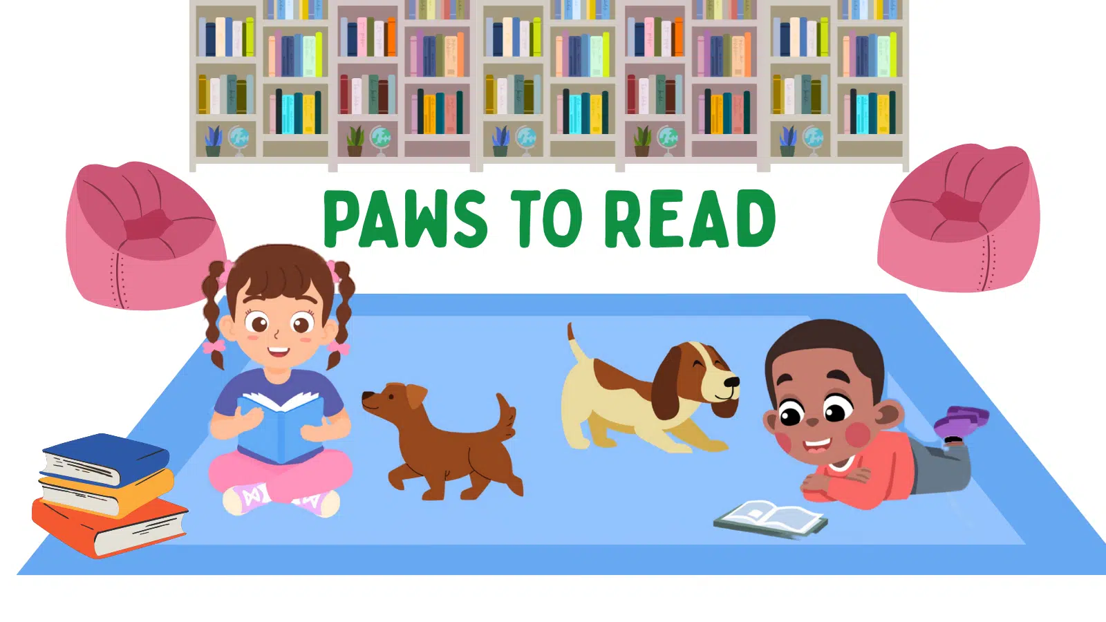 Cartoon of two children reading to two puppies with a bookshelf behind them