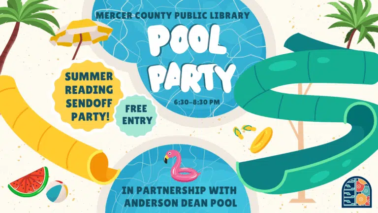 Illustration of swimming pools with water slides, palm trees, and pool toys