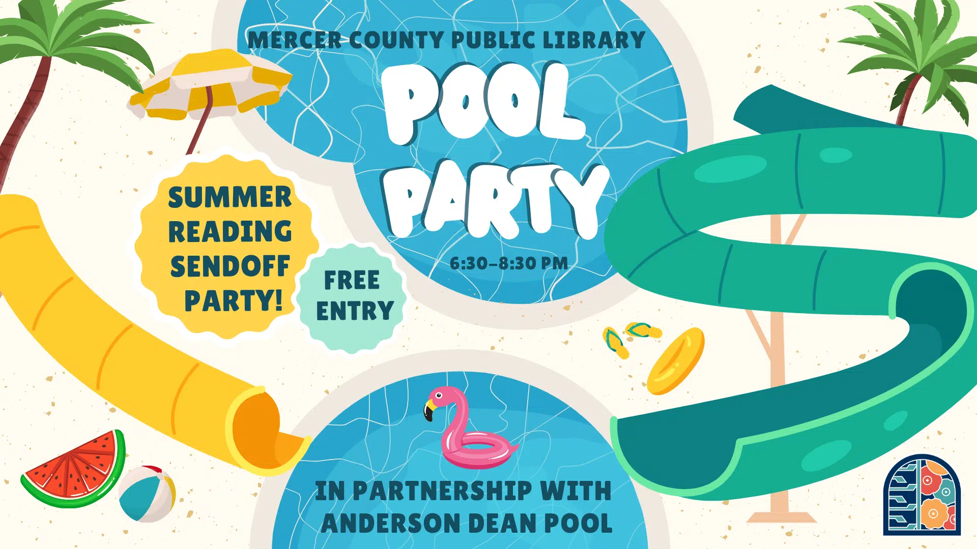 Illustration of swimming pools with water slides, palm trees, and pool toys