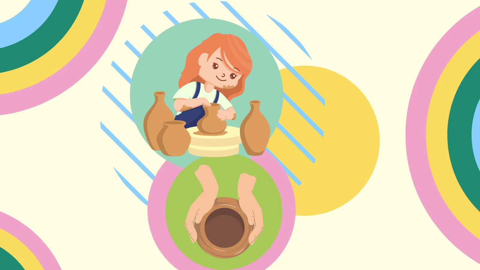 Colorful illustration of a child making a pottery piece