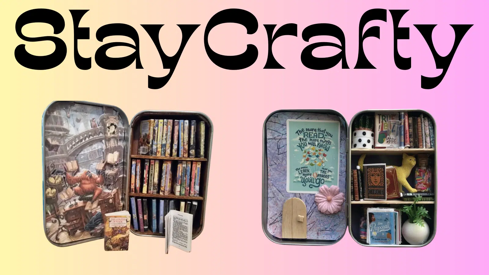 Two finished mini bookshelf crafts are shown featuring tiny books and other objects inside a tin