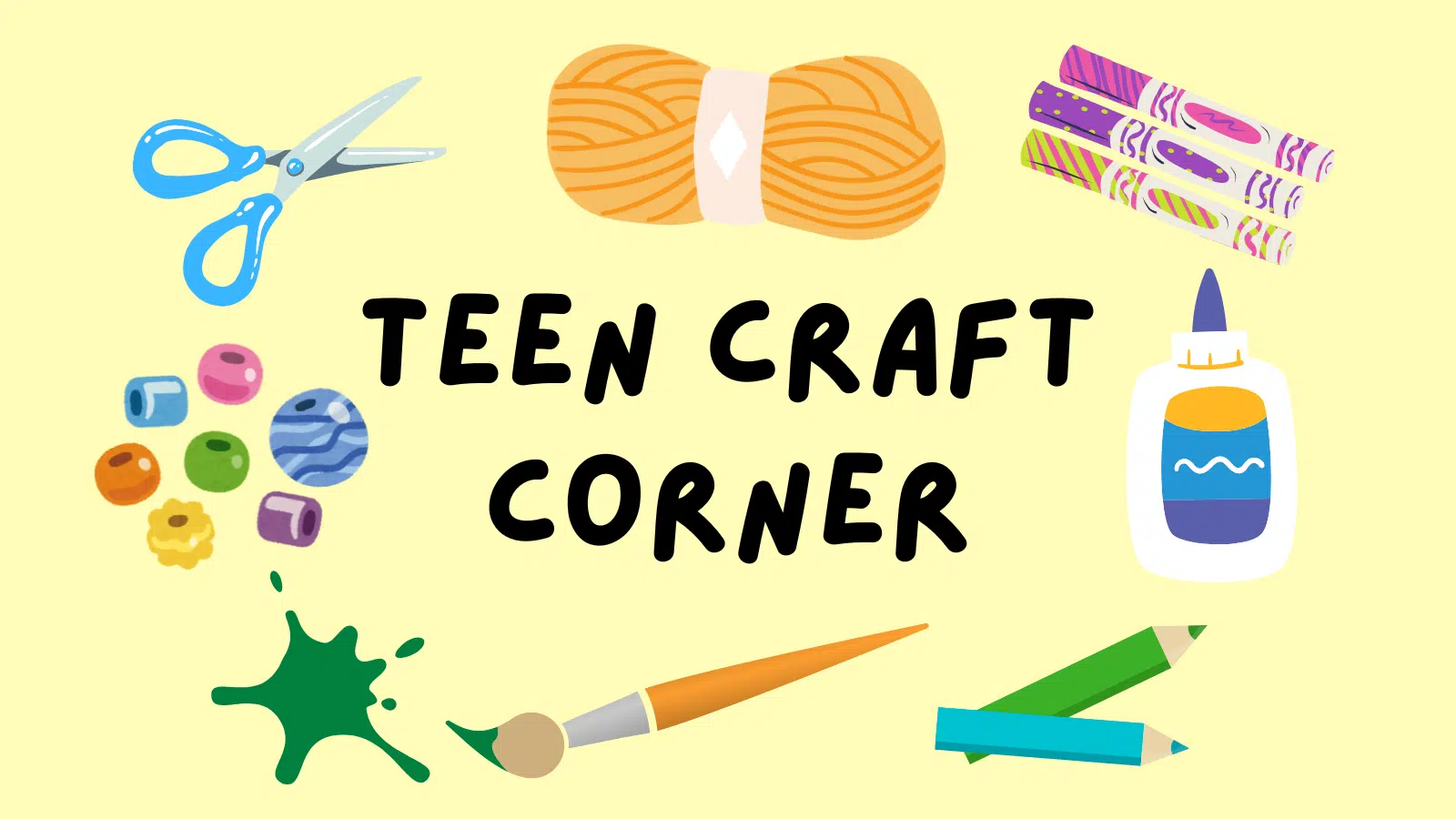 A variety of craft supplies including scissor, beads, yarn, markers, glue, colored pencils, and a paintbrush