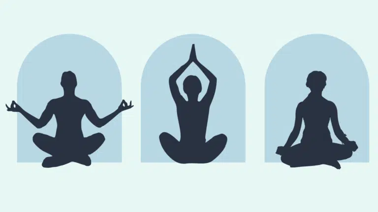 Silhouettes of three people in different yoga poses