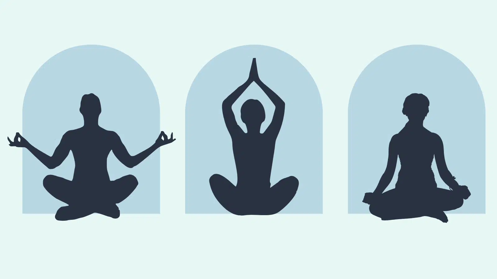 Silhouettes of three people in different yoga poses