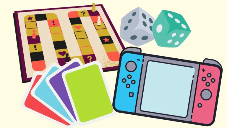 Illustrations of a board game, dice, a card game, and a Nintendo switch