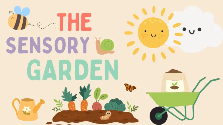 Illustration of some garden elements: a wheelbarrow with a bag of seeds, soil with carrots and a worm, a watering can, and a sun and bumblebee
