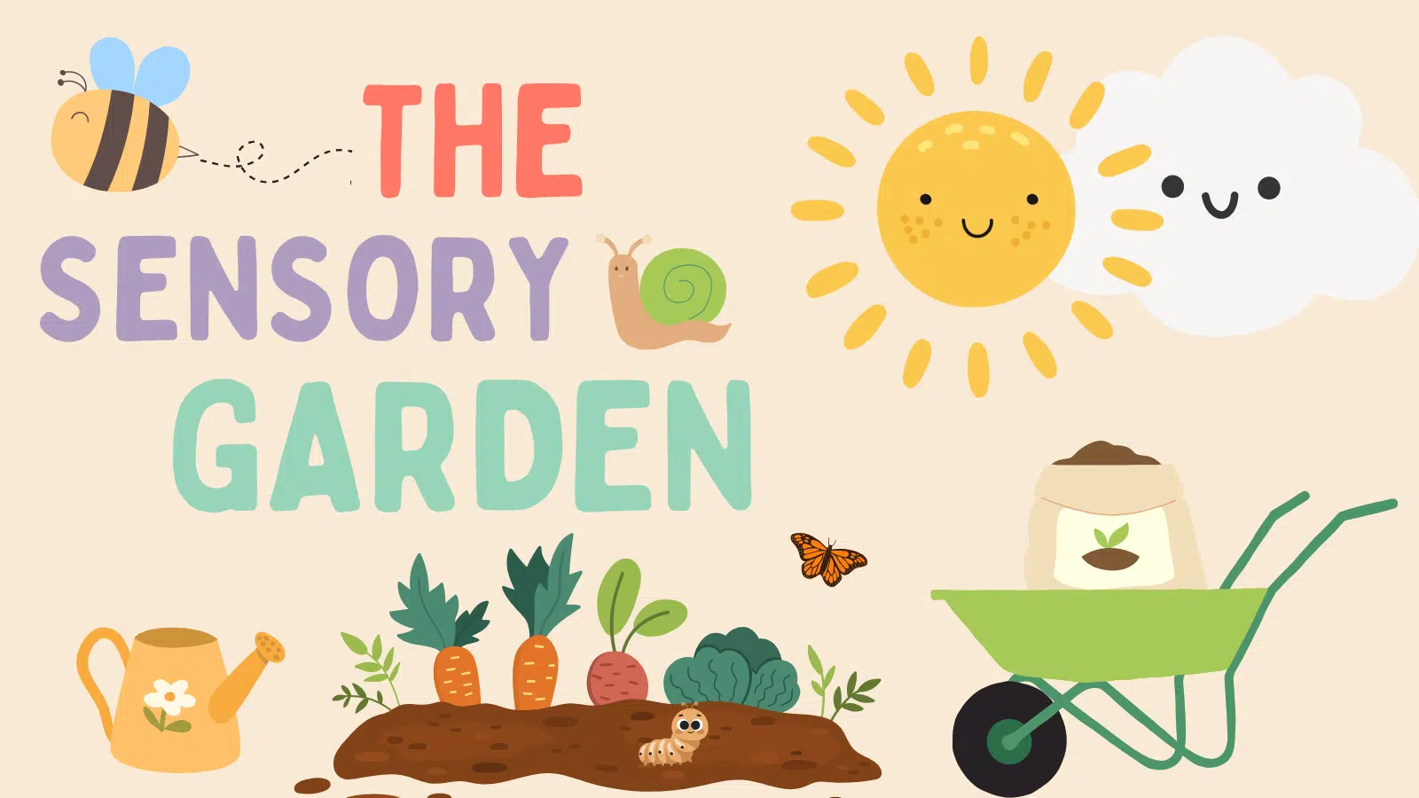 Illustration of some garden elements: a wheelbarrow with a bag of seeds, soil with carrots and a worm, a watering can, and a sun and bumblebee
