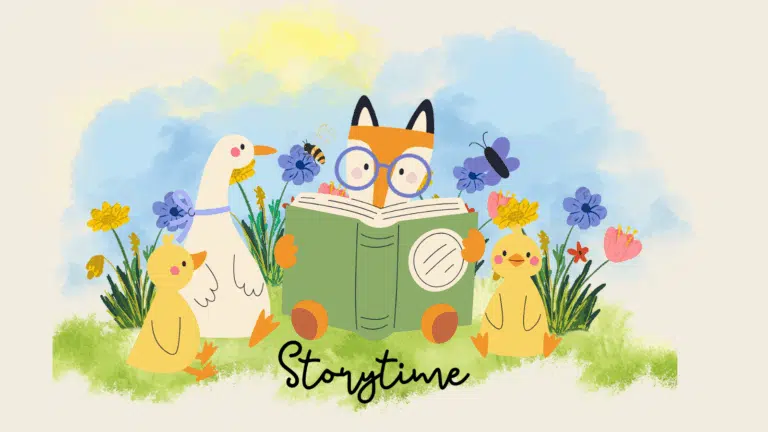 A cartoon fox reading a storybook to cartoon geese