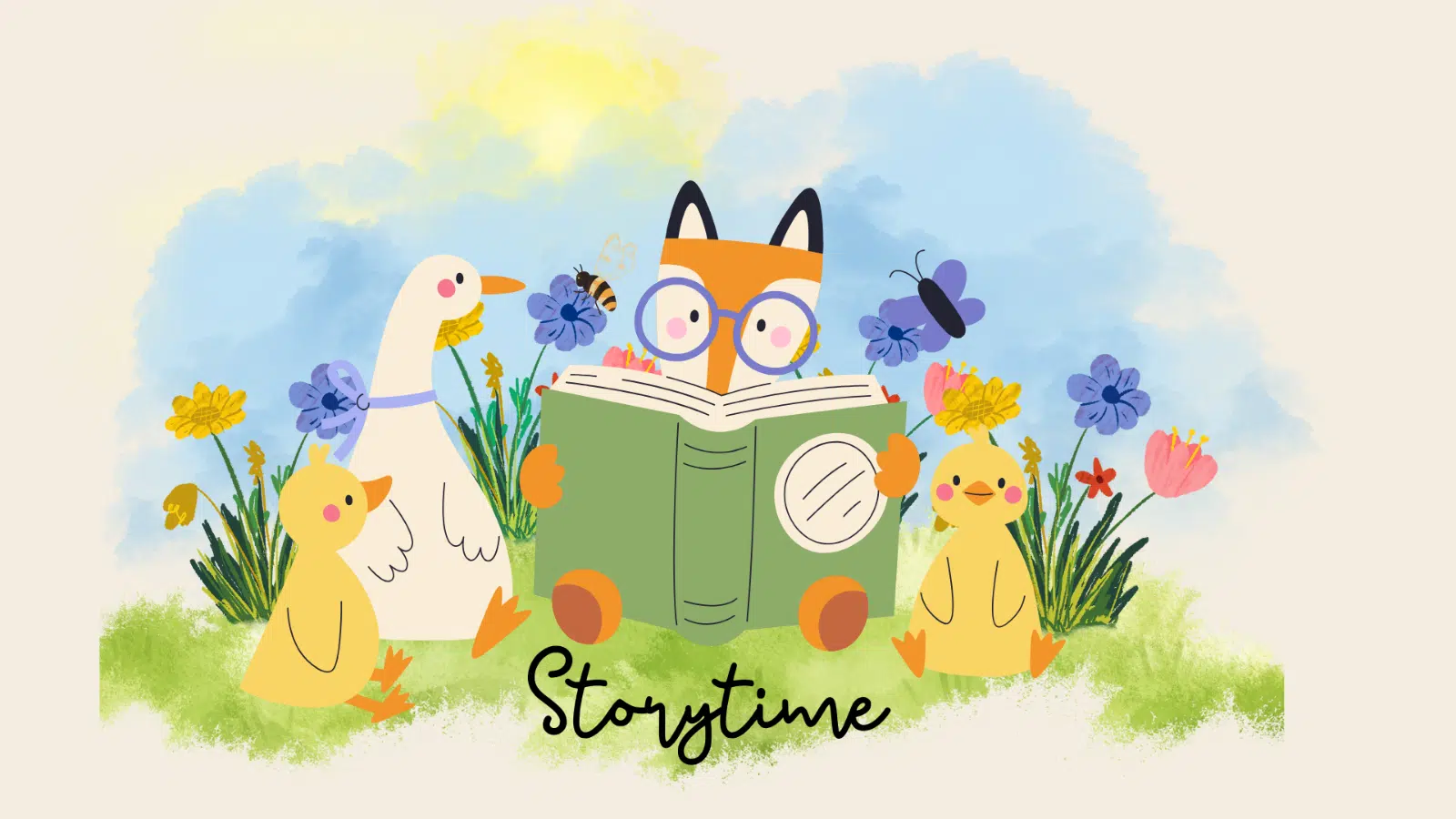 A cartoon fox reading a storybook to cartoon geese