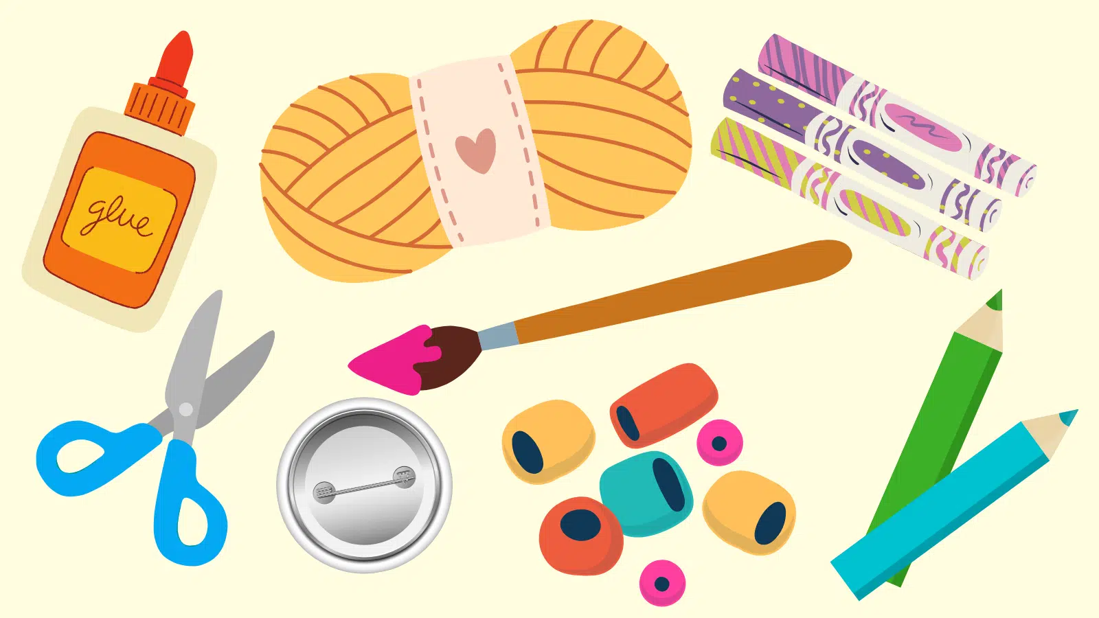 Illustration of a variety of craft materials, including beads, markers, colored pencils, yarn, glue, and scissors