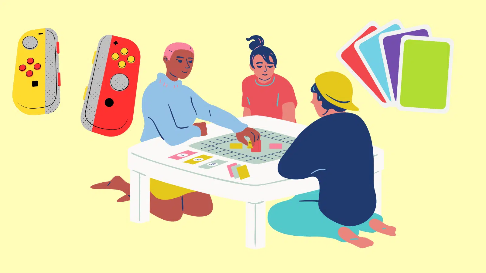 Three people are gathered around a table playing a board game